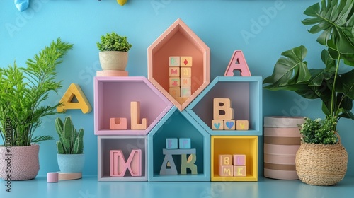 Bright and colorful toy blocks organized on a shelf in a playful children's r...