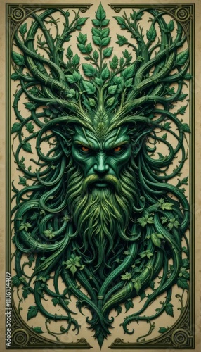 Green Man: A Mystical Portrait of Nature's Spirit Embodied in Intricate Foliage and Ancient Wisdom photo