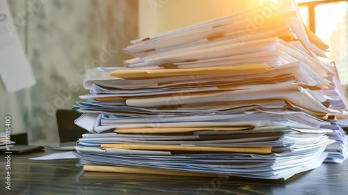 Cluttered stack of documents and colorful folders under warm sunlight symbolizes office chaos and productivity. ideal for themes on organization and workload management.