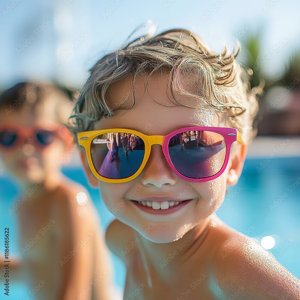 A vibrant image of kids having fun by the pool, ideal for summer, family, and vacation themes. A vibrant image of kids having fun by the pool, ideal for summer, family, and vacation themes.