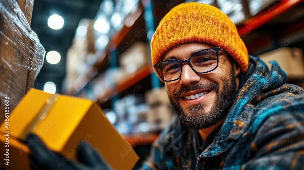 Obraz premium A cheerful warehouse worker in a bright orange beanie and gloves poses with a box, showcasing a friendly and diligent attitude in a bustling warehouse environment filled with goods.