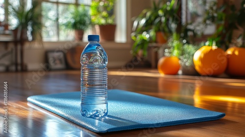Yoga mat and water bottle prepared for a morning workout in a rustic indoor s...