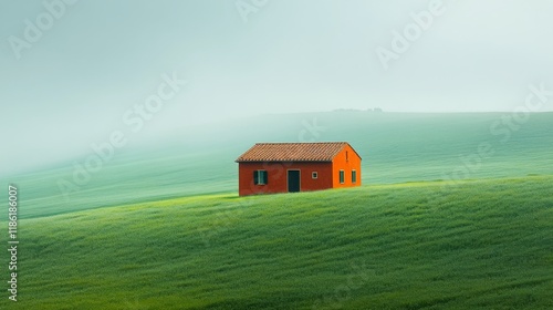 Vibrant orange house stands alone in misty green landscape during early morni...