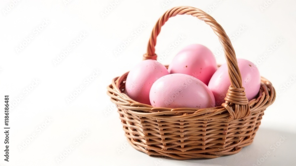 On a white background there is a wicker basket with pink eggs. Easter Concept On a white background there is a wicker basket with pink eggs. Easter Concept
