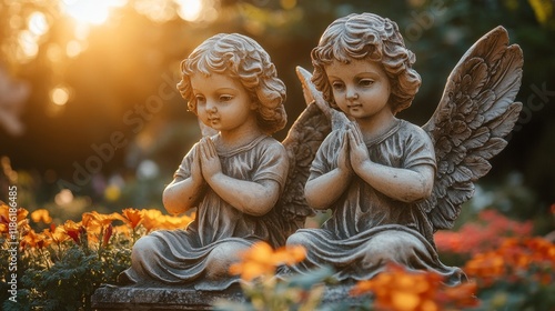 Duo of cherubic angels nestled among vibrant yellow flowers during sunset