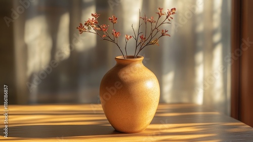 Natural light highlighting a vase with dried flowers on a wooden table in a c...