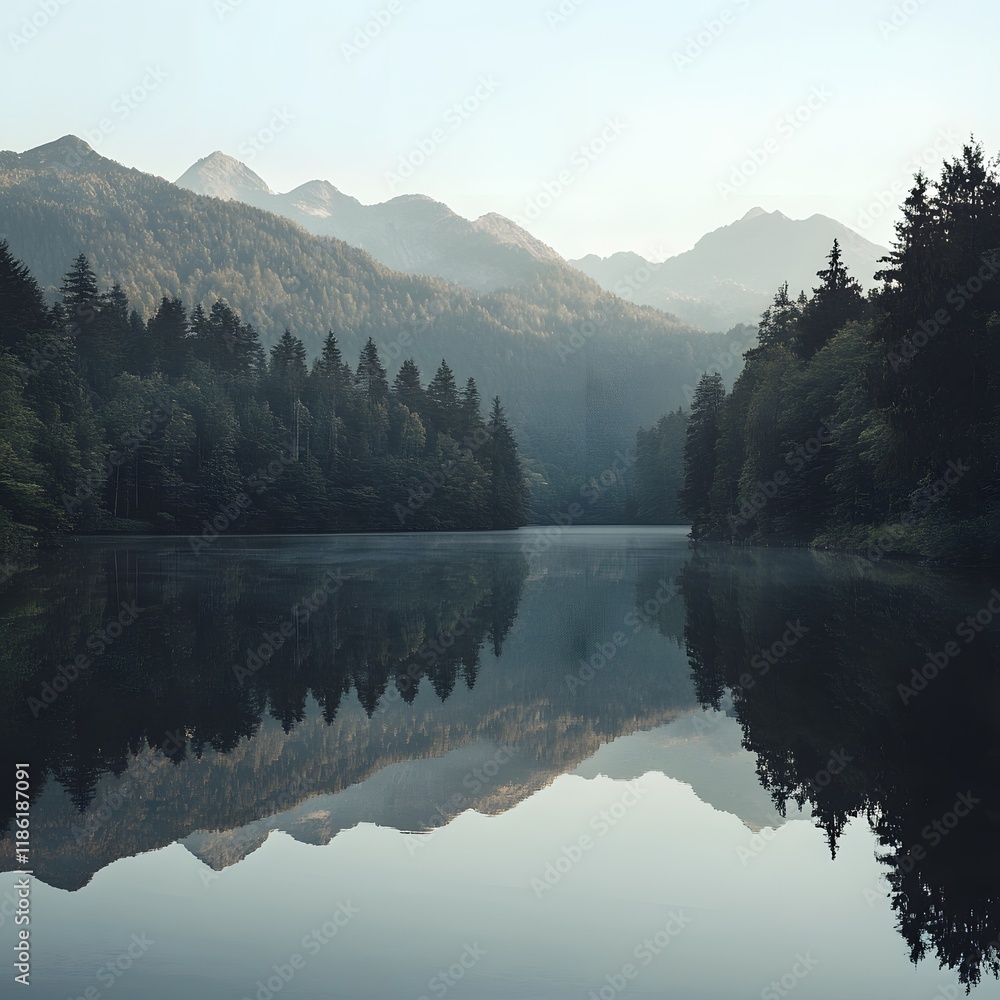 Naklejka premium Serene Mountain Lake with Tranquil Reflections and Towering Trees