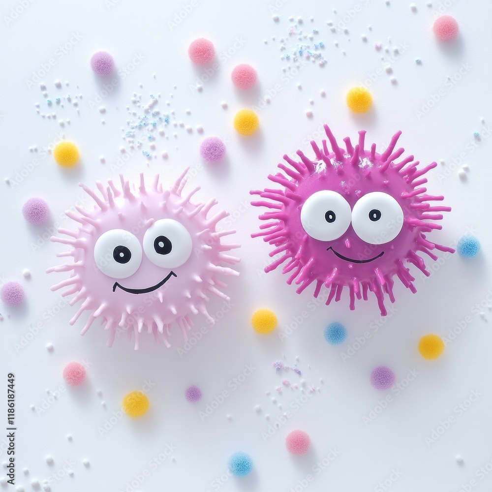Cheerful microbes with eyes and smiles surrounded by colorful dots creating a bright and festive atmosphere. Generative AI Cheerful microbes with eyes and smiles surrounded by colorful dots creating a bright and festive atmosphere. Generative AI
