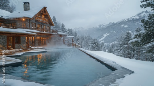 Winter retreat with a heated pool nestled in snowy mountains during twilight