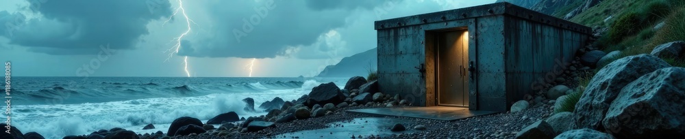Door of a cold concrete bunker in front of a stormy and windy coastal landscape with lightning, grey sea, rocky shoreline Door of a cold concrete bunker in front of a stormy and windy coastal landscape with lightning, grey sea, rocky shoreline