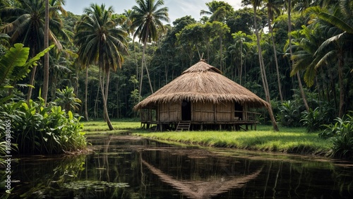 Traditional thatched hut beside a tranquil river in a lush tropical forest