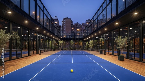 Focus on a unique textured ball on a vibrant blue sports court under bright s...