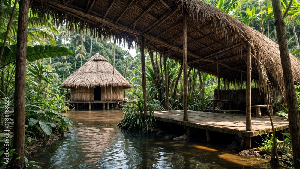 Tropical wooden hut on water surrounded by lush greenery in a serene jungle setting Tropical wooden hut on water surrounded by lush greenery in a serene jungle setting