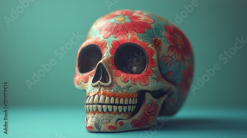 Colorful decorative skull placed on a vibrant wall with flowers in a traditio...