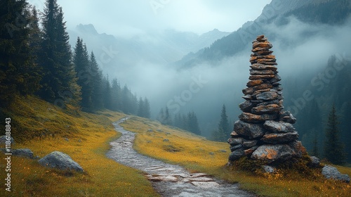 Scenic mountain trail with stone cairn under cloudy sky in early morning light