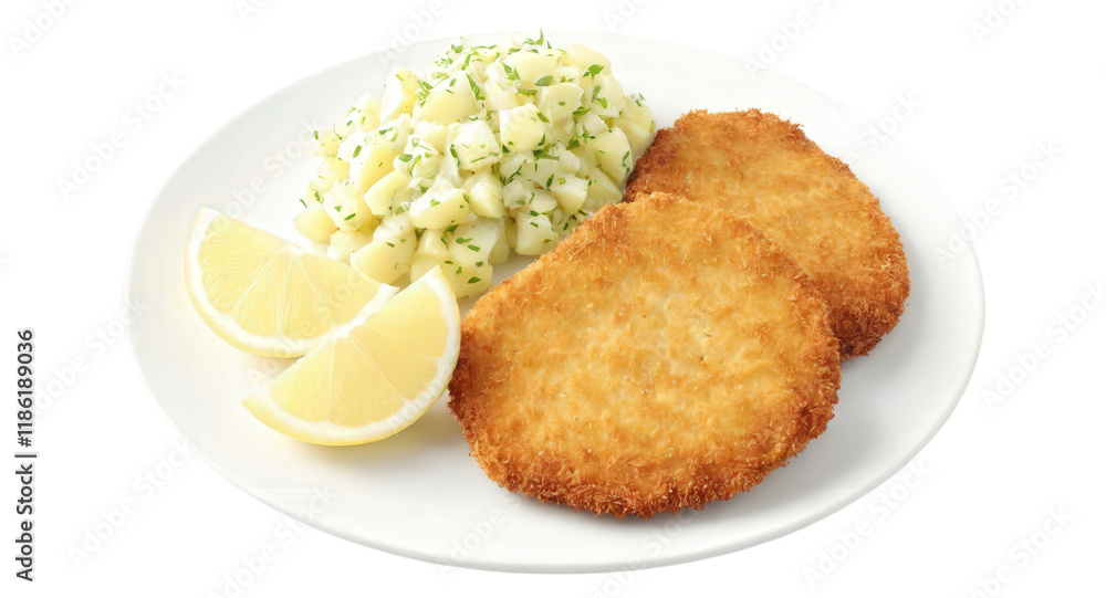 Pork Schnitzel - A crispy breaded pork cutlet, fried to golden perfection and served with lemon wedges, potato salad, Pork Schnitzel - A crispy breaded pork cutlet, fried to golden perfection and served with lemon wedges, potato salad,