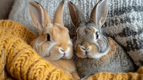 Two fluffy rabbits cuddling together in a cozy knitted blanket during a sunny...