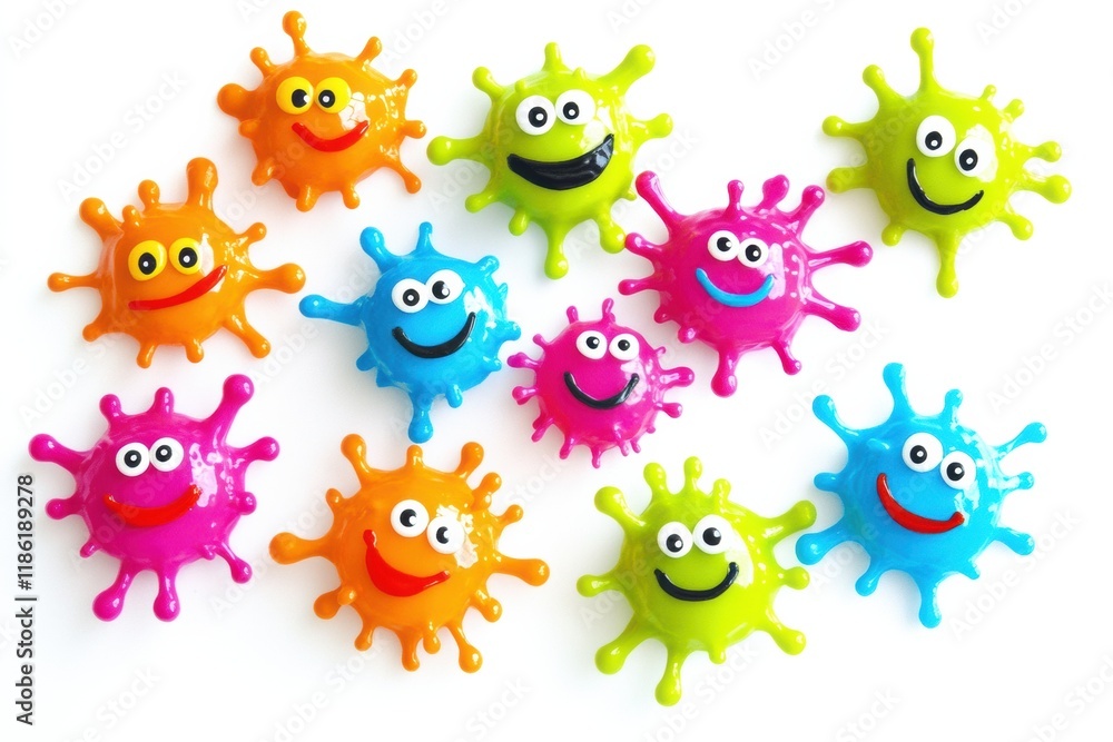 Bright cheerful microbes with eyes and smiles in various colors create a whimsical and playful atmosphere. Generative AI Bright cheerful microbes with eyes and smiles in various colors create a whimsical and playful atmosphere. Generative AI