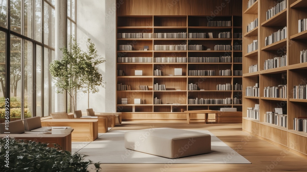 Modern library or bookstore interior with Learning and coworking space,relax zone,Library with rows of bookshelves arranged,school,university,shared desk and chairs,panoramic window. Modern library or bookstore interior with Learning and coworking space,relax zone,Library with rows of bookshelves arranged,school,university,shared desk and chairs,panoramic window.