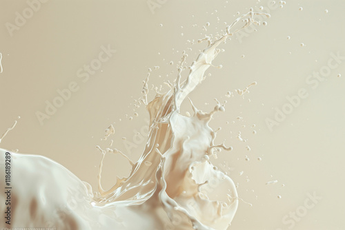 Dynamic splash of milk frozen in motion, showcasing creamy textures and vibrant energy. Perfect for food, dairy, or creative design concepts. for beverage, dairy, or minimalist design themes photo