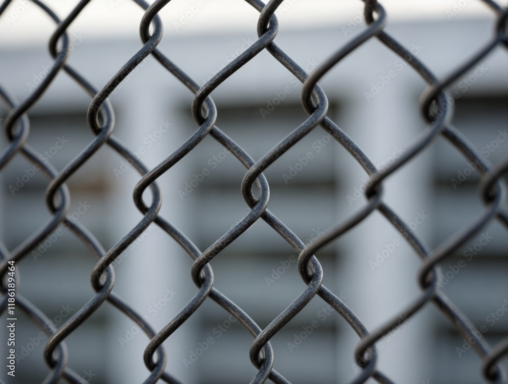 Naklejka premium Close-up view of chain-link fence highlighting the twisted metal design at a storage facility
