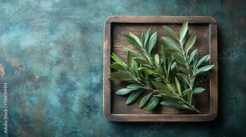 Olive branch resting on rustic wooden board with green olive showcasing natur...
