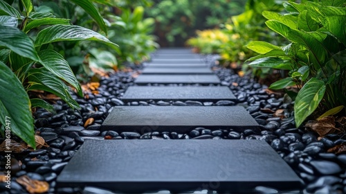 Pathway lined with stones and colorful flowers in a lush green garden after rain