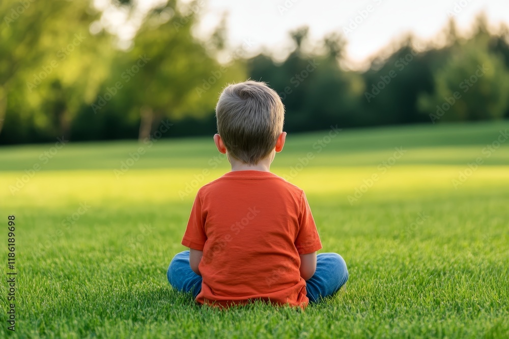 Child sitting peacefully on grass in a sunlit park during a calm evening Child sitting peacefully on grass in a sunlit park during a calm evening