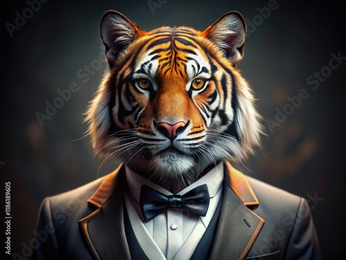 Close-up AI art: A regal tiger, sharply defined, wears a tuxedo, a majestic macro portrait. photo