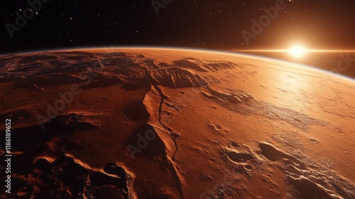 Martian Landscape with Sun Rising Over the Horizon
