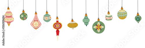 banner Christmas balls. Soviet toys. A banner for decorating a Christmas tree, Christmas balls on a white background. Simple forms with painting. The holiday decoration template. Horizontal