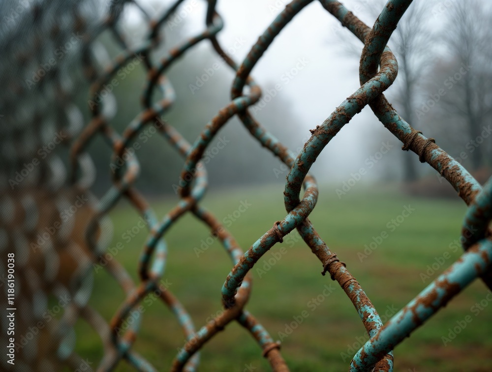 Weathered chain-link fence enclosing a misty, green field during the early morning hours Weathered chain-link fence enclosing a misty, green field during the early morning hours
