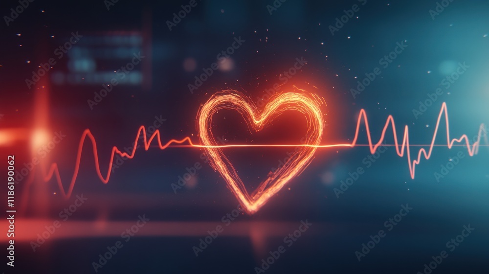 A glowing heart graphic overlaid on a digital health monitor with an electrocardiogram (ECG) waveform.