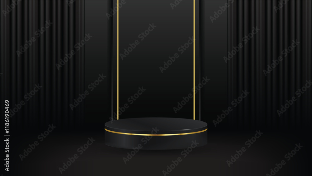3D abstract studio room with pedestal podium. black geometric platform with golden glitter in rectangle shape backdrop. Luxury scene for demonstration of cosmetic products, Showcase, Promotion display 3D abstract studio room with pedestal podium. black geometric platform with golden glitter in rectangle shape backdrop. Luxury scene for demonstration of cosmetic products, Showcase, Promotion display
