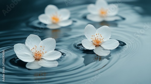 Flowers floating on the surface of a tranquil water pool at sunset in a peace...