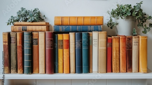 Colorful stacked books displaying vibrant covers against a teal background in...