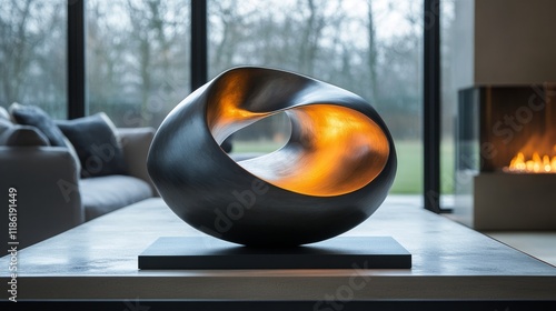 Unique modern sculpture with warm light in elegantly designed interior space