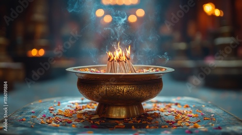 Incense burning in ornate bowl with smoke rising in a tranquil temple setting...