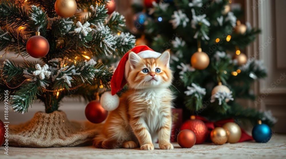 Adorable kitten in Santa hat sitting by decorated Christmas trees in festive setting Adorable kitten in Santa hat sitting by decorated Christmas trees in festive setting