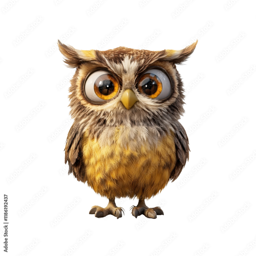 Naklejka premium 3D illustration of cute owl with yellow and brown feathers. Owl has big eyes and friendly appearance, A stylized design that emphasizes its adorable features. Isolated on transparent background, png.
