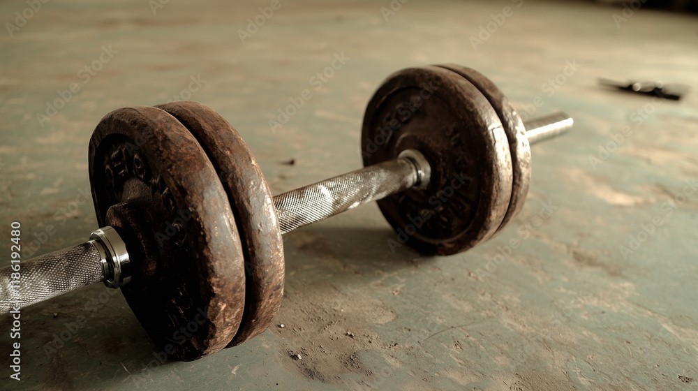 A close-up of a rusty dumbbell lying on a worn floor, showcasing signs of use and age, highlighting its purpose for strength training and fitness. A close-up of a rusty dumbbell lying on a worn floor, showcasing signs of use and age, highlighting its purpose for strength training and fitness.