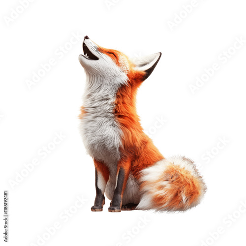 3D illustration of fox howling, depicted in a stylized design with orange and white fur. Expressive pose, emphasizing its connection to nature and the wild. Isolated on transparent background, png. photo