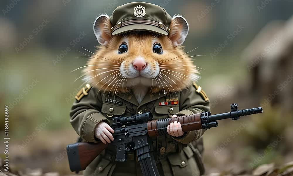 Adorable Hamster Soldier in Military Uniform Holding a Rifle, A Hilarious and Unique Digital Art Creation Adorable Hamster Soldier in Military Uniform Holding a Rifle, A Hilarious and Unique Digital Art Creation