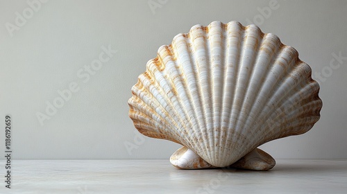 White scallop shell on a smooth gray background showcasing its intricate text...