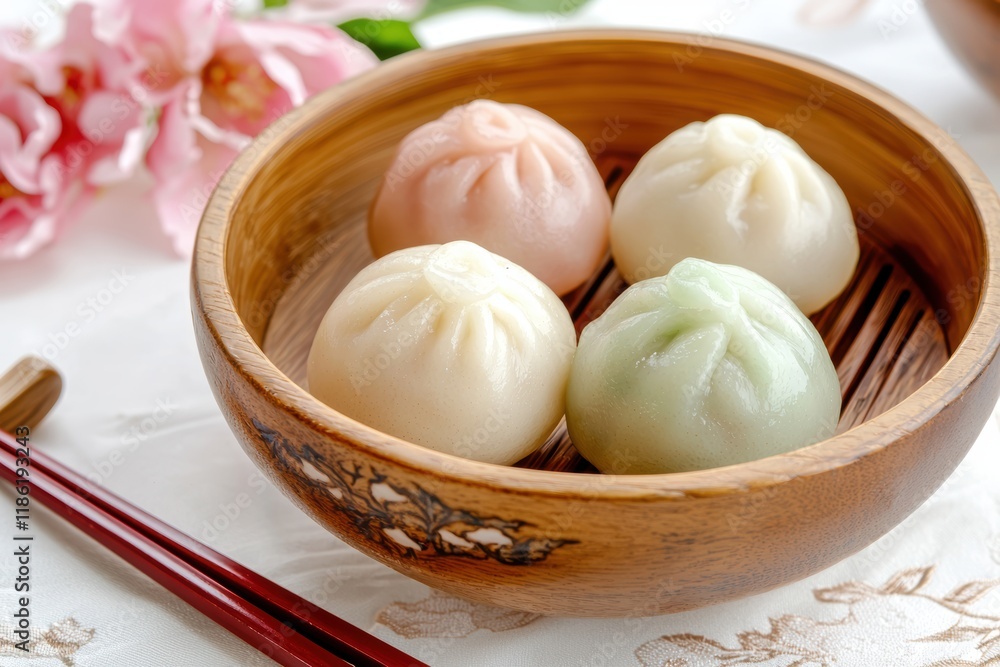Traditional Chinese Food Dumplings in a bamboo steamer with a pink flower on the side Traditional Chinese Food Dumplings in a bamboo steamer with a pink flower on the side