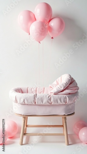 Soft pastel hues surround a bassinet on white background, bassinet, white, hues