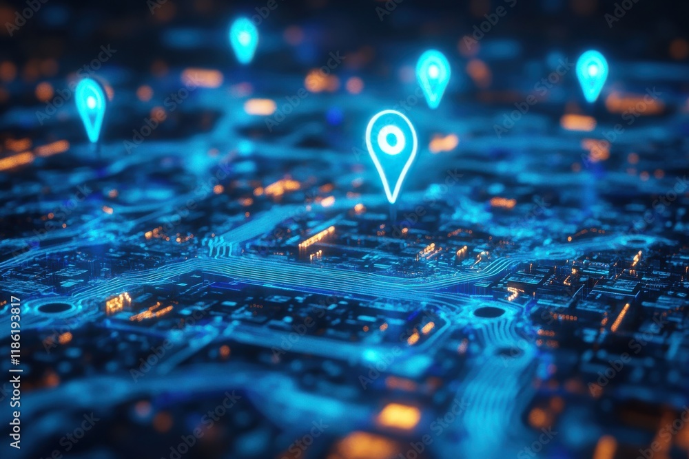 Futuristic map interface, glowing location pins, digital circuit board, neon blue lights Futuristic map interface, glowing location pins, digital circuit board, neon blue lights