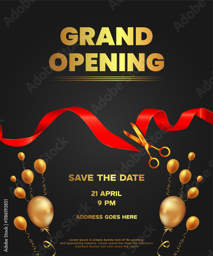 Vector Grand opening horizontal banner design with ribbon.