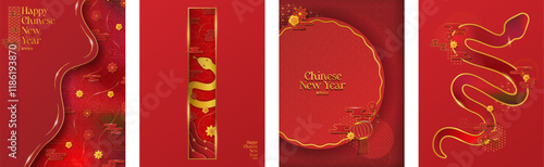 Happy Chinese New Year Poster Templates in Year of the snake theme design, red and gold color motif. CNY Greeting Cards with asian elements. Auspicious clouds, patterns, flowers. Vector Illustration.