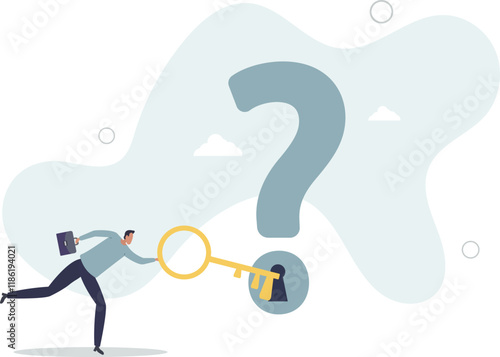 Key to unlock answer for problem and questions, solution or reason to solve problem, wisdom or understanding concept.flat characters.